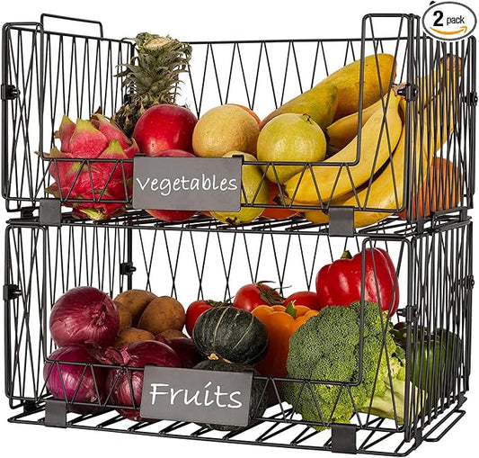 2 PACKS XXL Kitchen Organization and Storage Pantry Baskets, Fruit & Vegetable Basket for Kitchen Cabinet, Stackable Wire Metal Baskets for Snack Chips Onion Potato Cans