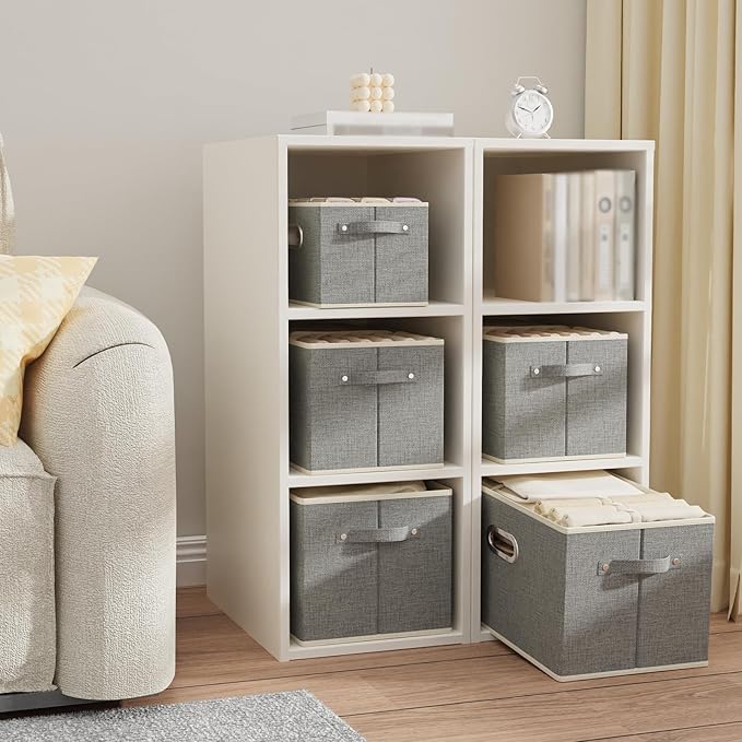 Fabric Open Storage Bins with Metal Handles, Collapsible Organizer Baskets, Foldable Cube Boxes for Shelves, Closet, Living Room, 13x9.1x7.9in, Grey, 4 Pack