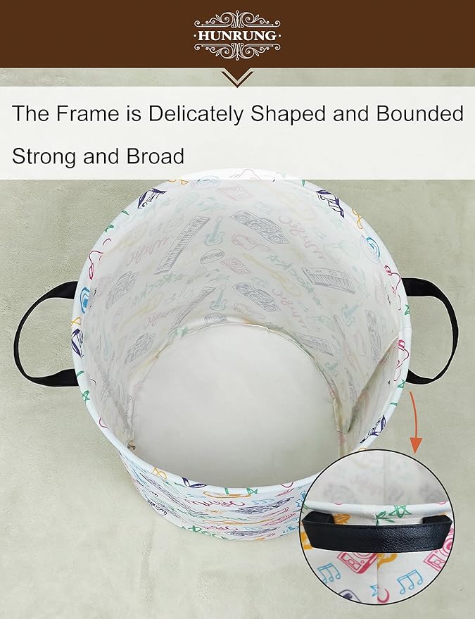 HUNRUNG Laundry Hamper,Large Canvas Fabric Lightweight Storage Basket Toy Organizer Dirty Clothes Collapsible Waterproof for College Dormsï¼Round-Musical instrumentï¼