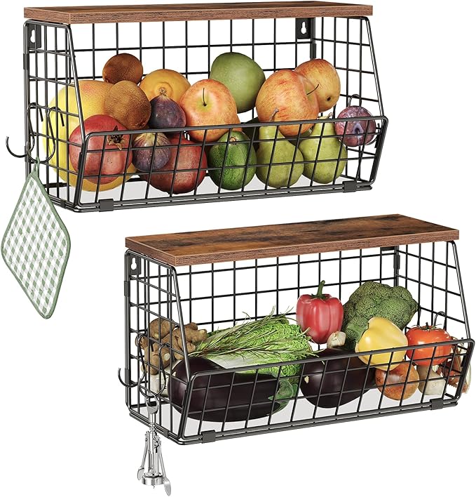 2-Tier Fruit Basket for Kitchen, Stackable wire basket with Wooden Lid, Hanging Basket with 4 Banana Hanger Hooks, for Snack, Fruit, Vegetable Storage, Rustic Brown and Black TCW04P2BF