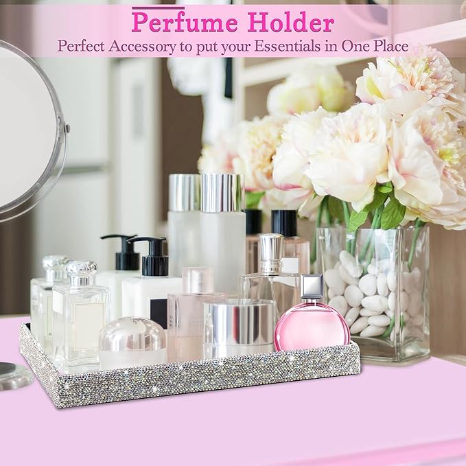TISHAA Bling Decorative Tray Holder â Makeup Cosmetic Jewelry Ring Key Display Dish Plate Storage Organizer Crystal Rhinestone Glitter Vanity Bathroom Bedroom Home Decor (White)