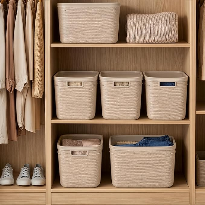 BINO | Plastic Storage Bins with Lids, 20 Liter - 3 Pack, Taupe | THE TWILL COLLECTION | Plastic Bins for Organization | Woven Storage Baskets for Organizing | Pantry Shelf Organizer Basket Bin
