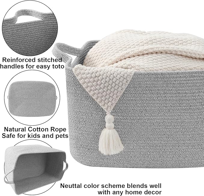 Magazine & Newspaper Baskets,Large Woven Rope Blanket Basket,24"x16"x15"Storage Bin with Handle,Toys Storage,Laundry Basket for Home Organization/Living Room/Nursery/Bedroom,Grey