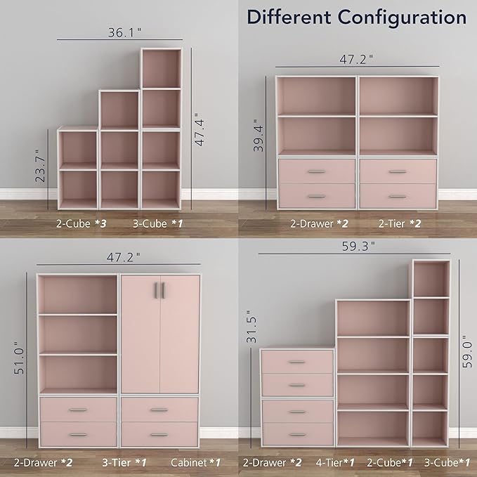 Homes: Inside + Out Apexa 4-Tier Cube Storage Organizer Shelves, Stackable Wood Bookcase Fits Cubby Bins for Organization, Dorm Teen Room Decor & Home Office, Light Pink