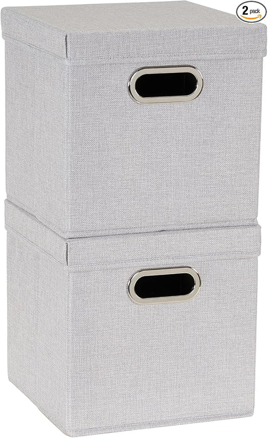 Household Essentials 804-1 Café Cube Bin Storage Set with Lids and Handles | 2 Pack | Silver Linen