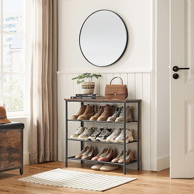 VASAGLE Shoe Rack, 4-Tier Shoe Storage Organizer for Entryway and Closet, Holds 9-12 Pairs of Shoes, 3 Fabric Shelves, Steel Frame, Industrial, Rustic Brown and Black ULBS035B01
