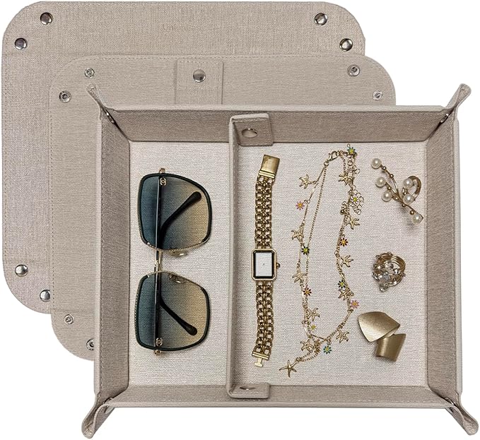 UnionBasic Medium Valet Tray, Jewelry Tray for Rings Watches Earrings, Entryway Catchall Caddy for Coins Keys Change, Nightstand Bedside Valet Holder, Trays for Electronic Gadgets, Beige Plus
