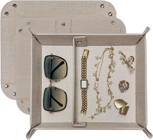 UnionBasic Medium Valet Tray, Jewelry Tray for Rings Watches Earrings, Entryway Catchall Caddy for Coins Keys Change, Nightstand Bedside Valet Holder, Trays for Electronic Gadgets, Beige Plus