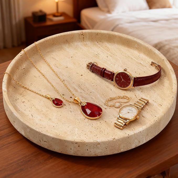Natural Travertine Vanity Tray â Round Beige Marble Tray for Bathroom, Jewelry, Candle, Perfume, Nightstand & Kitchen Decor, 10 Inch Wabi-sabi Style Decorative Stone Catchall Organizer