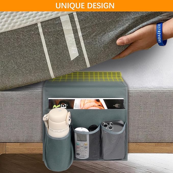 WOMACO Bedside Remote Control Holder, Bed Caddy with Water Bottle Holder Bed Side Organizer for Phones, Magazines, Tablets, Accessories - Medium, Gray
