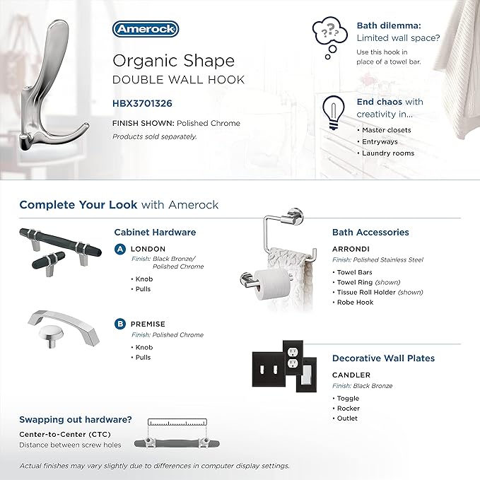 Amerock HBX3701326 | Finesse Triple Prong Decorative Wall Hook | Polished Chrome Hook for Coats, Hats, Backpacks, Bags | Hooks for Bathroom, Bedroom, Closet, Entryway, Laundry Room, Office