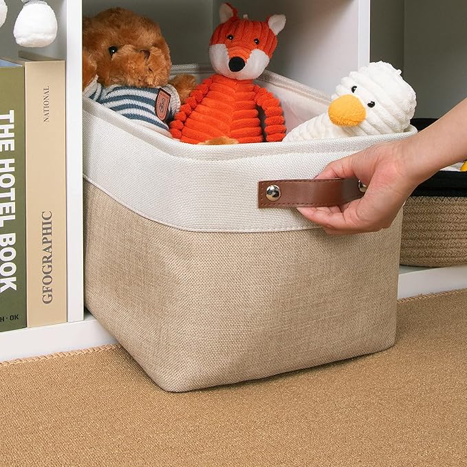DULLEMELO Collapsible Rectangle Fabric Storage Basket for Organizing Clothes, Toys, Towels, Books, Laundry, Nursery, Dog Toys (White & Khaki)