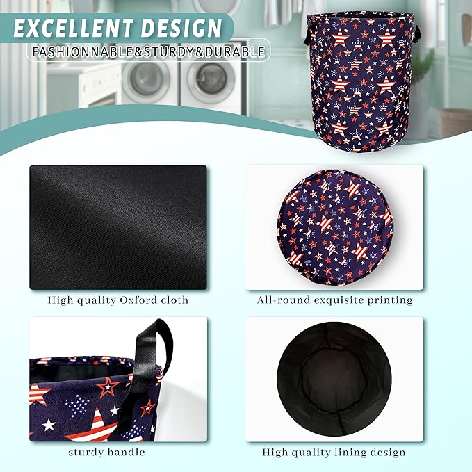 American Flag Laundry Basket Foldable With Handles US Flag With Stars Tote Bag Oxford Cloth Laundry Hamper Clothes Storage Bucket Toy Organizer 18.9"x16.5" For Bathroom/Laundry/Bedroom