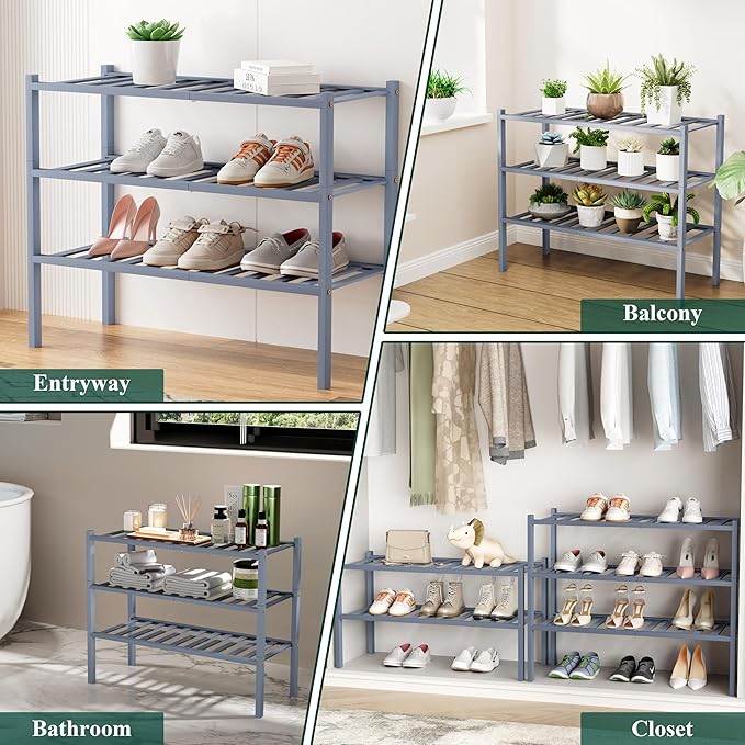 Smiry Shoe Rack, 2 Tier Long Bamboo Shoe Organizer, Stackable Free Standing Wooden Shoe Storage Shelf for Closet, Entryway, Front Door Entrance, Grey