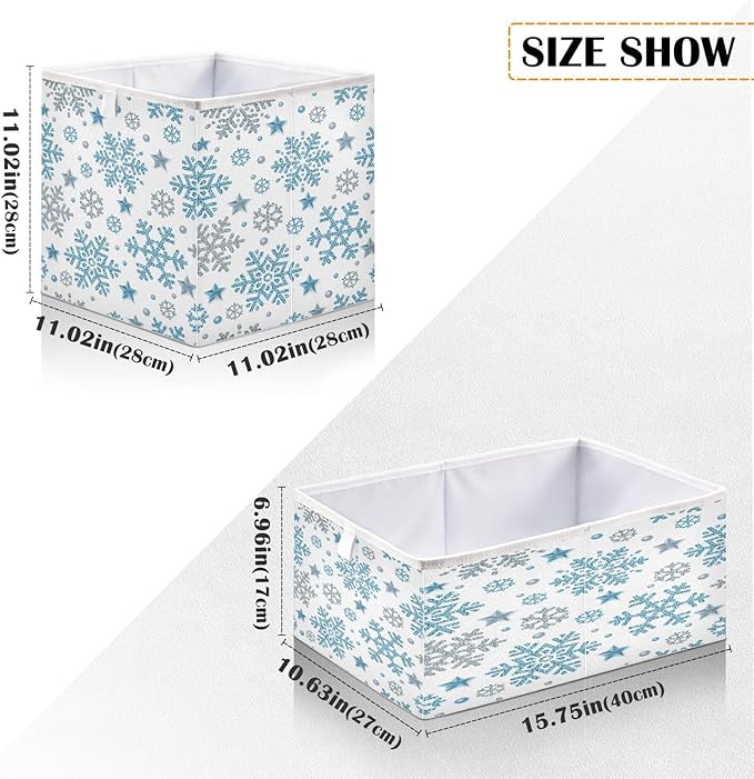 Bolaz Sliver Blue Snowflakes Closet Organizers Storage Cubes Christmas Storage Bins Shelf Baskets Containers for Home Room Office,Square