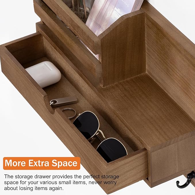 Key and Mail Holder for Wall, Mail Organizer Wall Mount with 6 Hooks and Storage Drawer, Wooden Key Rack Hanger with Shelf for Entryway and Home Decor