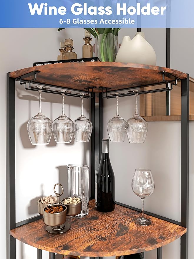 Corner Wine Rack with Led Strip Light Freestanding Floor with Wine Glass Holder 30 Bottle Wine Holder Rack Industrial Corner Liquor Cabinet Bar for Home Bar Kitchen Living Room (Rustic Brown)