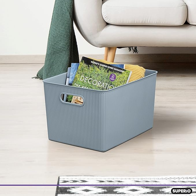 Superio Ribbed Collection - Decorative Plastic Basket Open Home Storage Bins Organizer, X-Large Blue (2 Pack) Container Boxes for Organizing Closet Storage Bins for Shelves 22 Liter/23 Quart