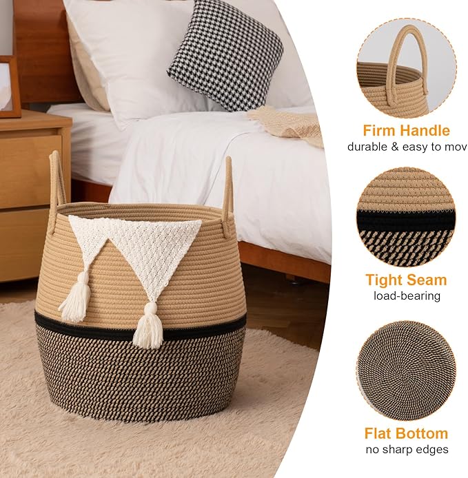 OIAHOMY 60L Blanket Basket with Handle, Storage Basket for Living Room, Laundry Hamper for Clothes, Towels, Pillows, Toy Storage for Kids and Dogs, Baby Hamper for Nursery - Brown & Black
