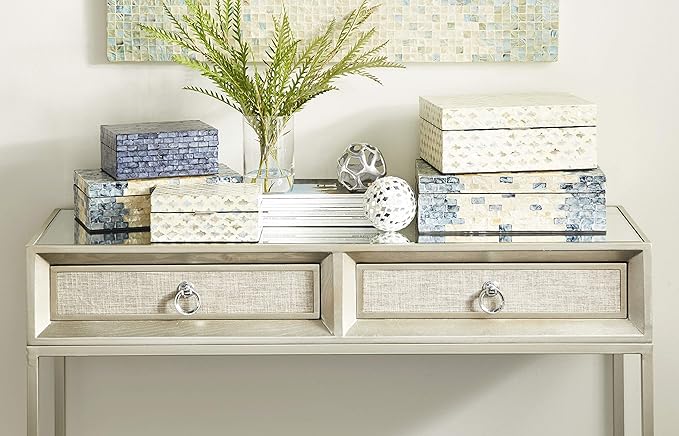 Deco 79 Mother of Pearl Shell Geometric Handmade Decorative Box Storage Decorative Keepsake Boxes with Hinged Lid, Set of 2 Storage Boxes 12", 8"W, Cream