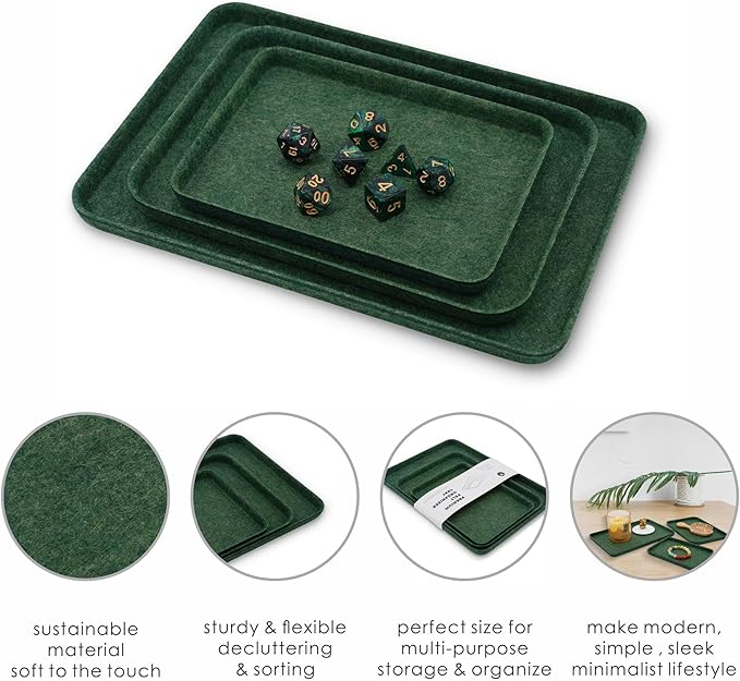 Welaxy Desk Drawer Felt Tray DND dice Games Holder EDC Cathall nightstand multitray Entryway Bedside Caddy Counter Organize for Keys Jewelry Watches 3-Piece (Forest Green)