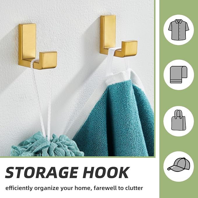 APLusee L Shape Bath Towel Hook 2 Pack, 304 Stainless Steel Coat Holder, Wall Mounted Storage Hanger for Bathroom Kitchen, Brushed Gold