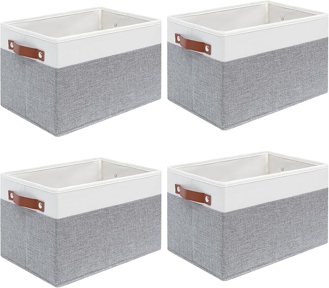 4 Pack Large Fabric Storage Baskets for Shelves , Closet Storage Bins for Shelves, Fabric Baskets for Organizing with Handles for Home organization and Storage (White with Grey,15"L*13"W*13"H)