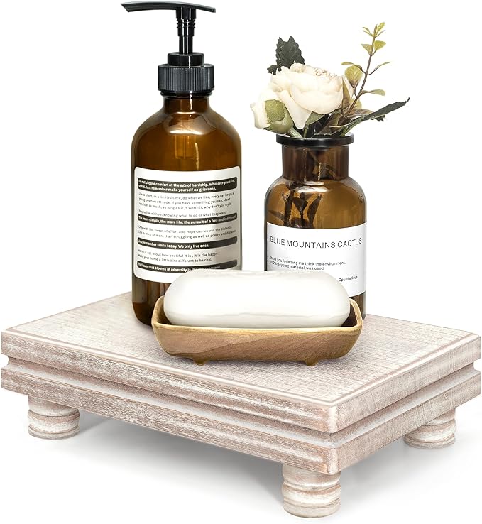 EOSAHR Decorative Tray Wood Pedestal Stand â Farmhouse Wooden Tray for Soap Holder & Bathroom Accessories - Kitchen Essentials & Bathroom Organizer for Home Decor (Natural Wood)