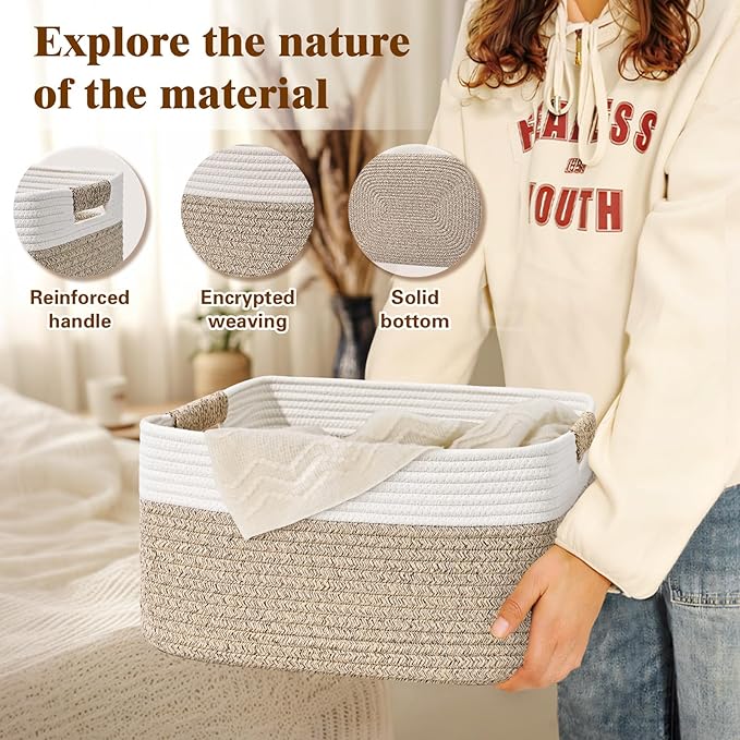 2 Pack Large Storage Basket for Organizing, 17.5"x13.5"x7.5" Woven Basket for Shelves, Closet Storage Bins with Wrapped Handle, Cotton Rope Baskets for Kitchen, Clothes, Toys(Off White & Brown)