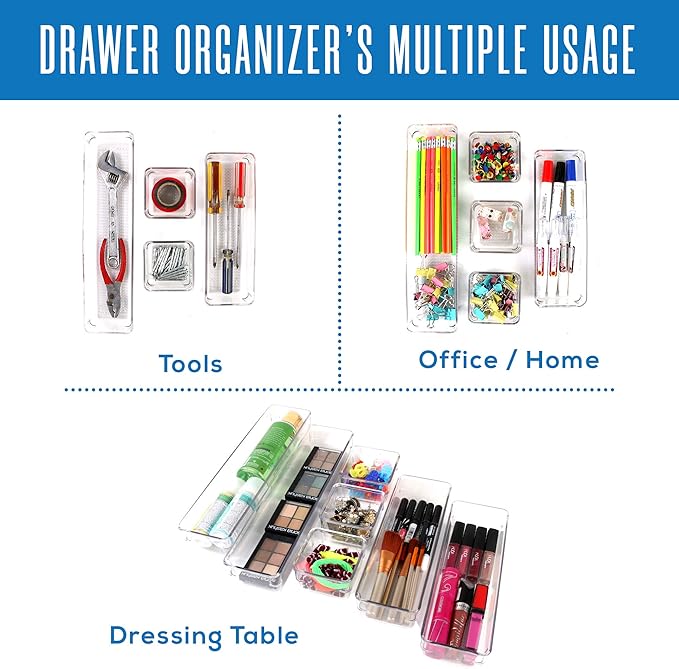 Utopia Home 18-Piece Drawer Organizer Tray - 3-Size Bathroom Vanity Cosmetic Makeup Tray - Multipurpose Clear Acrylic Storage Bins for Jewelries, Office Accessories, Bedroom & Bathroom Vanity