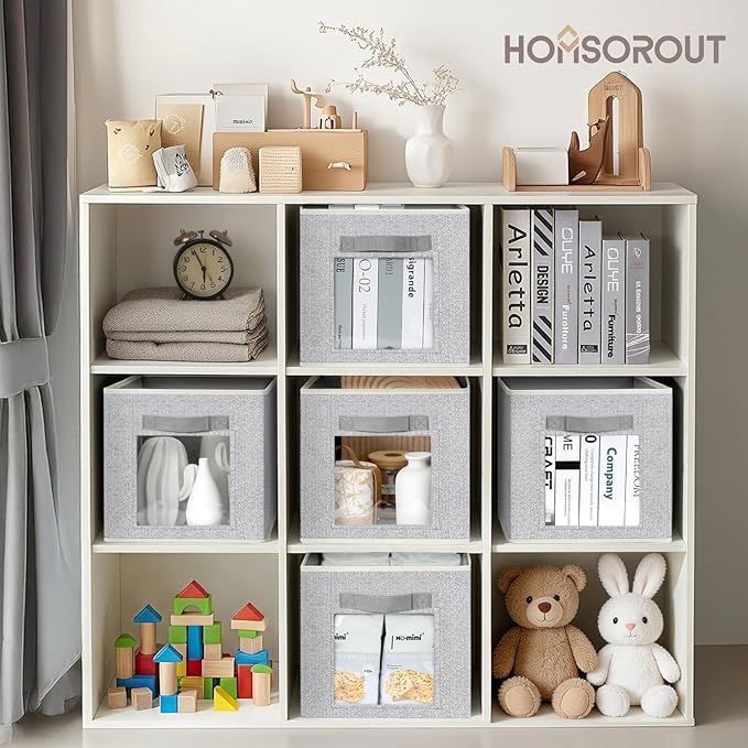 Foldable Storage Cubes - Cubby Storage Organizer with Window, Decorative Baskets for Organizing, 11 Inch Fabric Cube Shelf Bins, Set of 10, Light Gray