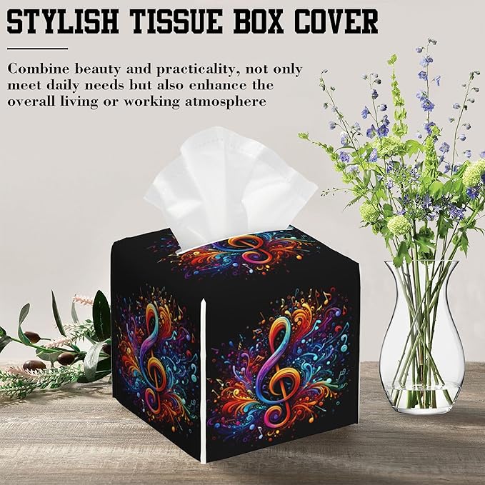 Tissue Box Holder Colorful Musical Notes Square Leather Tissue Box Cover Modern Cube Facial Paper Cover Case for Bathroom Vanity Countertop Night Stands Tabletop