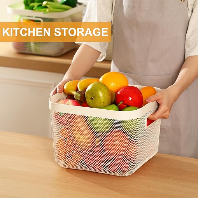 4 Pack Metal Mesh Basket with Hollow Handles White Wire Storage Bin for Organizing Stackable Metal Fine Mesh Basket for Pantry Bathroom Kitchen Cabinets Shelves (Large)