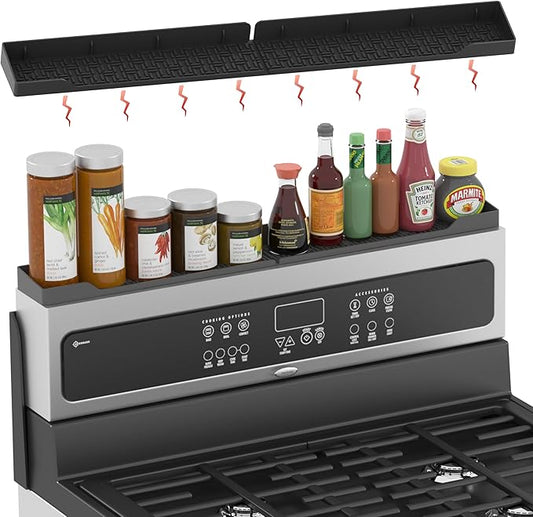 Stove Top Shelf 30 Inch, Magnetic Over the Stove Top Shelf, Silicone Oven Spice Rack Organizer Storage Organization for Kitchen, Black
