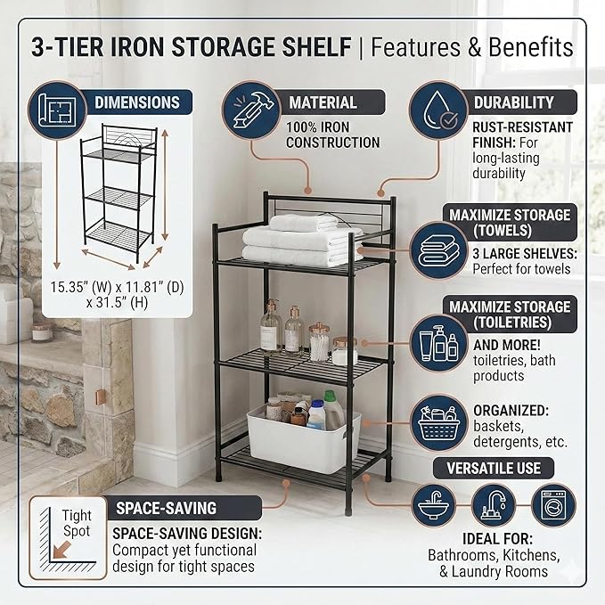 Bath Bliss 3 Tier Freestanding Bathroom Storage Shelf, Black Metal Organizer Rack | Rust Resistant Space Saving Bathroom Stand | Toilet Paper Towel Holder | Bathroom Organizer for Small Spaces