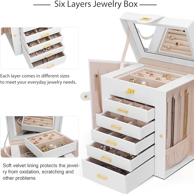AKOZLIN Functional 6-Tier Jewelry Box Organizer with 5 Drawers Leather Jewelry Storage Case for Women Girls Ring Necklace Earring Bracelet Holder Organizer with Mirror White