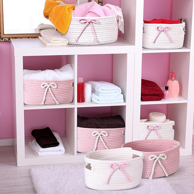 Breling 3 Pieces Pink Bow Baskets Coquette Bow Cotton Rope Storage Basket Pink Woven Gift Baskets Laundry Hamper Rope Bin with Handles for Decoration Organization Storage for Nursery, Pet Toy Basket