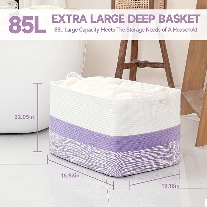 CLHMILY&Z Stylish Square Cotton Rope Storage Basket (Purple & White, 85L)