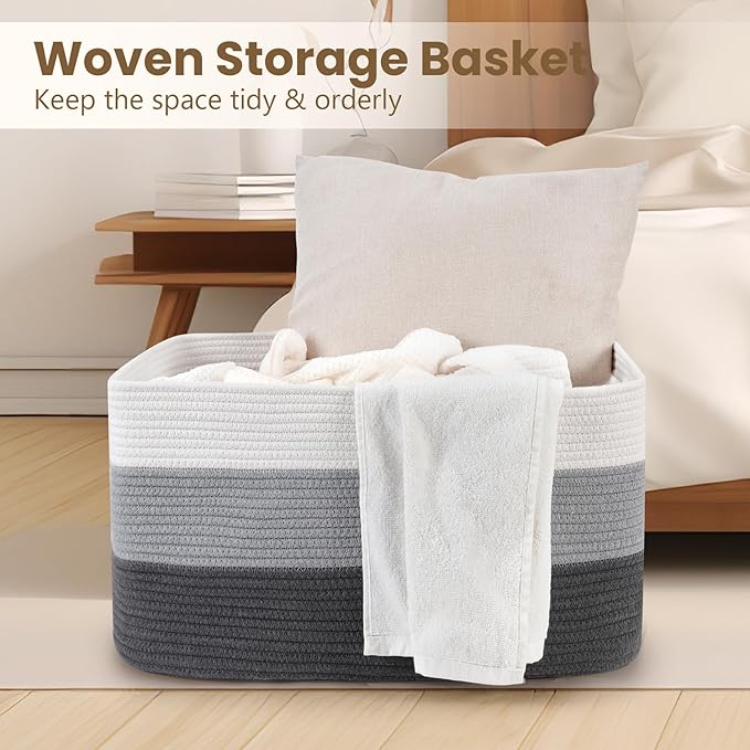 75L Large Blanket Basket, Woven Storage Baskets with Reinforced Handles, Rope Laundry Basket for Living Room, Bedroom, Nursery, Toys, Clothes,Pillows, 22â x 17â x 11.5â, White & Grey