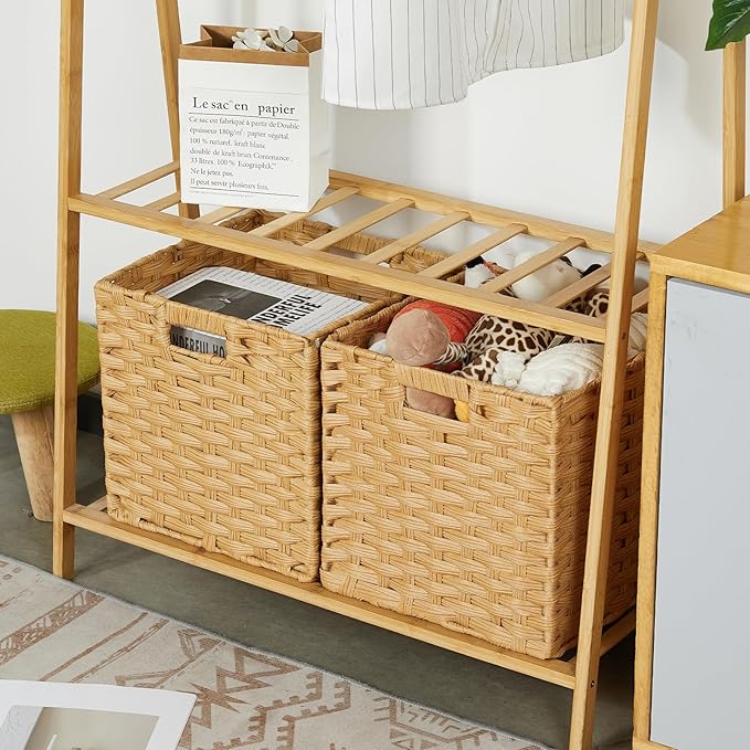 DULLEMELO Wicker Storage Baskets with Handles, Foldable Storage Cubes Set of 2 Plastic Wicker Baskets for Organizing Shelves,11 Inch Cube Baskets, Natural