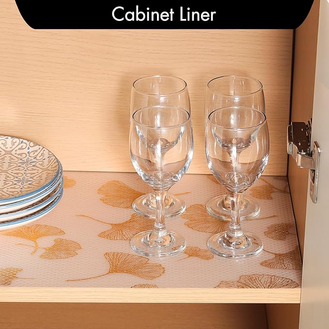 Cooyes Shelf Liner, Non Adhesive Drawer and Cabinet Liner, EVA Washable Oil-Proof Shelf Paper for Kitchen Cabinets, Refrigerator, Storage, Desks with Modern Pattern （Gold Ginkgo，23.6" W x 360" L）