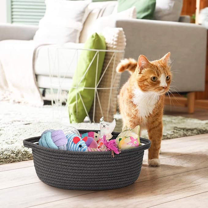 Small Rope Basket, Baskets for Gifts Empty, Cute Woven Basket for Dog Toy, Cat Toy Bin Box, Wicker Organizing Basket for Book, Baby Diaper, Towels, Snack, 13â x 9â x 5â, Dark Gray