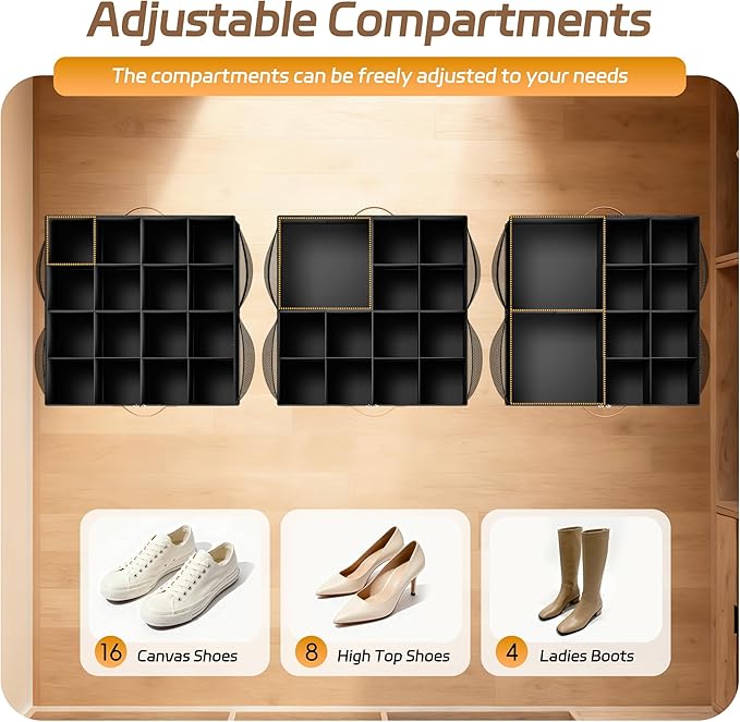 Shoe Organizer for Closet, 1 Pack Foldable Shoe Storage Organizer Box with Adjustable Dividers and Clear Cover, Space Saving Shoe Box with Reinforced Handles, Fits 8-16 Pairs, Black