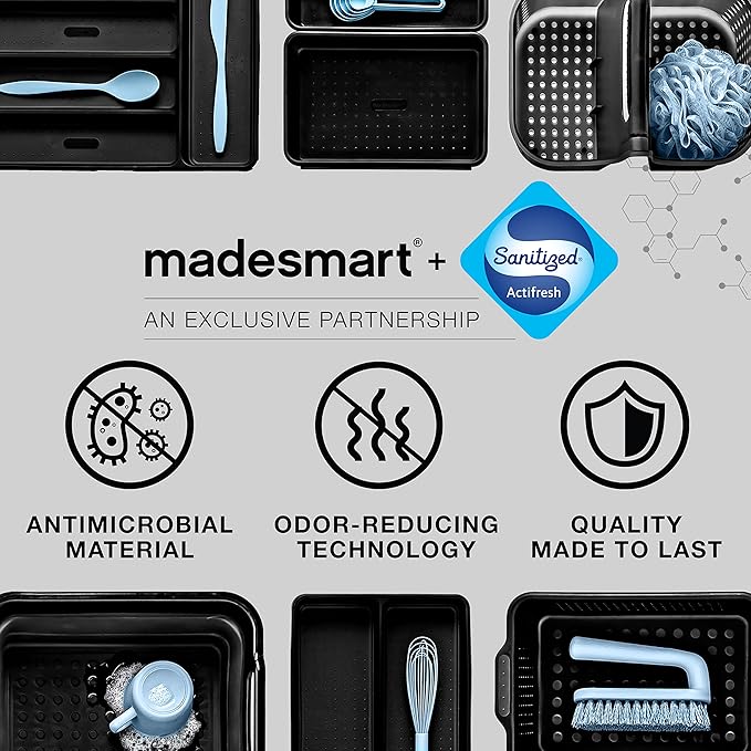 madesmart Large Premium Portable Shower Caddy, Hold Soap, Shampoo, Hair Supplies and Beauty Products, Cleaning Supplies Organizer for Home, Dorm, Plastic Shower Tote, Soft Handle, Smoke