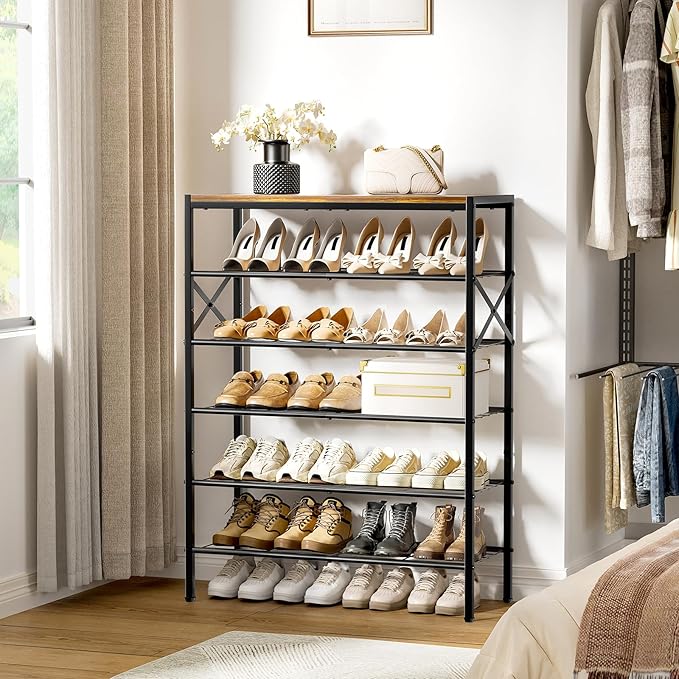 6-Tier Metal Shoe Rack Organizer Shoe Storage for Entryway 18-24 Pairs Narrow Shoe Rack for Closet Heavy-Duty Shoe Rack with Wooden Top Shelf for Garage Rustic Brown