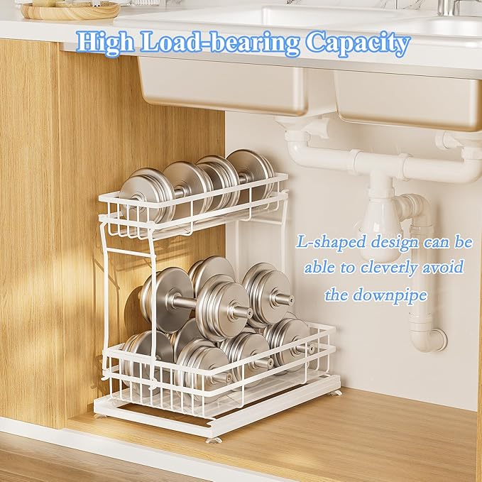 1 Pack Under Sink Organizers and Storage, 2 Tier Pull Out Cabinet Organizer, Metal Sliding Drawer Storage for Kitchen Bathroom，White