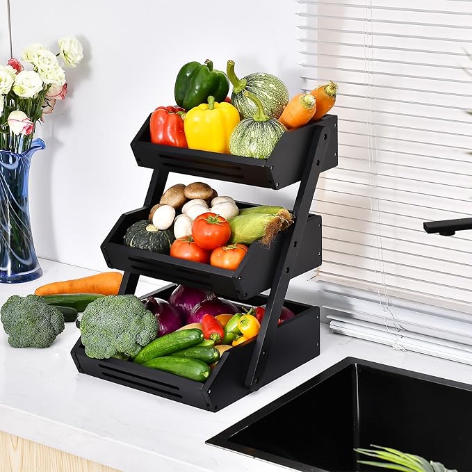 Fruit Basket, 3 Tier Bamboo Fruit Bowl for Kitchen, Fruit Vegetables Stand Storage Holder, Idea Home Kitchen Countertop Organizer