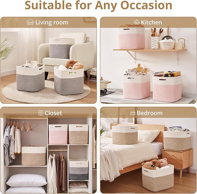 OIAHOMY 13 Kallax Inch Cube Storage Bins, 3-Pack Cotton Rope Woven Baskets for Organizing, Kallax Insert Storage Baskets for Shelves, Baby Nursery, Closet Organizer, 15 * 13 * 12.6IN, Grey & White