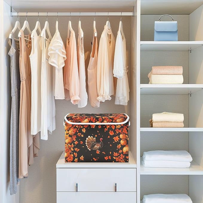 Collapsible Storage Bins with Lids Decorative Fabric Storage Cubes Closet Organizer and Storage Basket Boxes Containers for Clothes Box Chest Nursery Folding Rectangle Orange Maple Leaves Tha