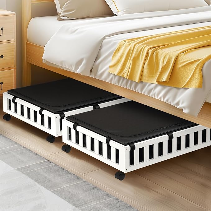 2 Pack Bamboo Under Bed Storage with Wheels, 39âx20âx7.8â Lager Under Bed Storage Containers (White)